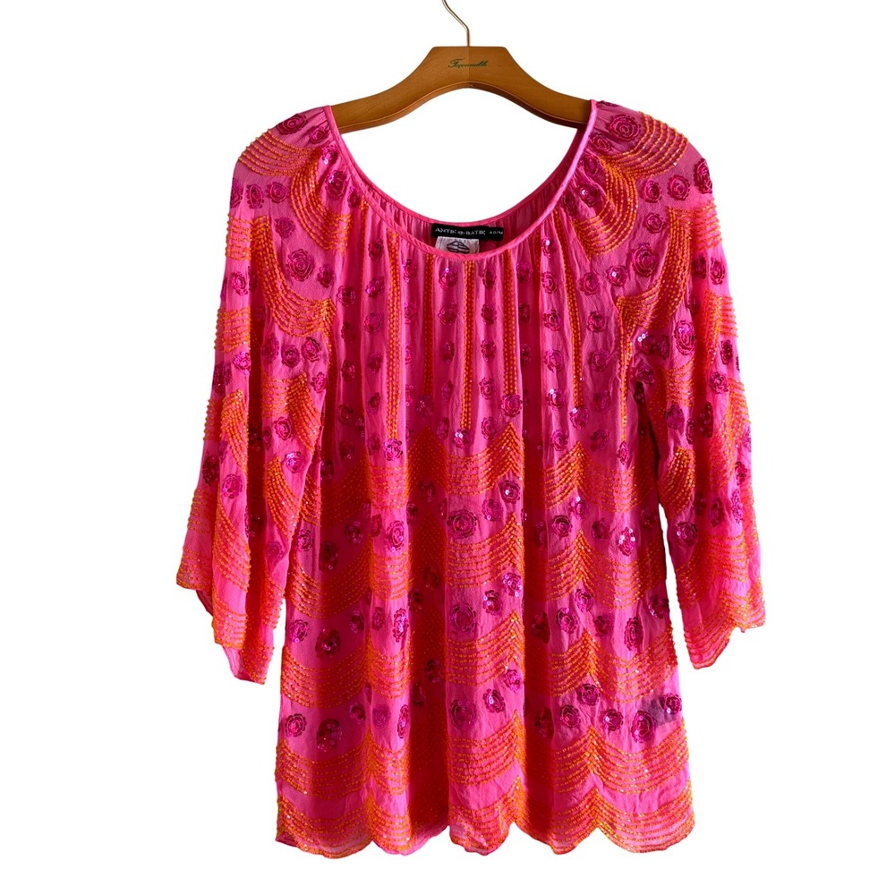 Antik Batik Pink Orange Beaded Silk Blouse 3/4 Sleeve Scalloped Hem Top Medium